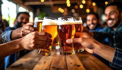 "Group Cheers with Beer Glasses – Social Celebration Moment"