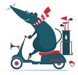 Cute rat or mouse on the scooter is on the way to the golf course. 
Cartoon rat or mouse going to play golf in the golf cart. Isolated on white background
