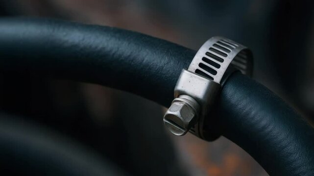Metal hose clamp securing black rubber pipe in industrial power plant with focus on mechanical detail and power strength