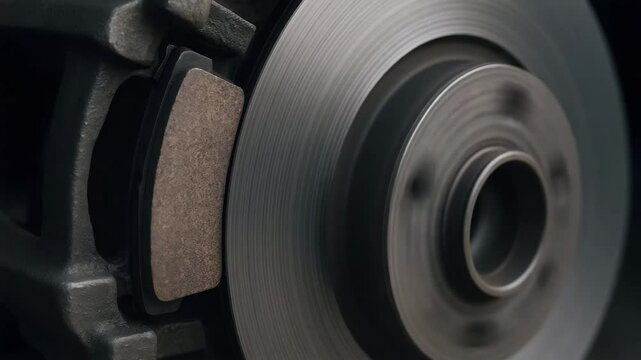 Brake pad and disc close up on metal industrial power plant machinery with detailed mechanical parts and friction surface for safety and performance