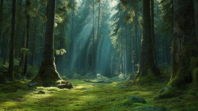 Sunlit forest mossy green landscape with sunlight beams