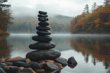 Stacked Rocks Balancing Beside Still Water With Misty Background And Autumnal Trees