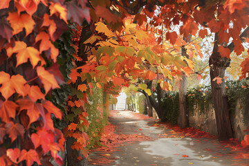 Ivy vines wrapping around autumn tree in park with golden leaves natural fall outdoor scenery landscape