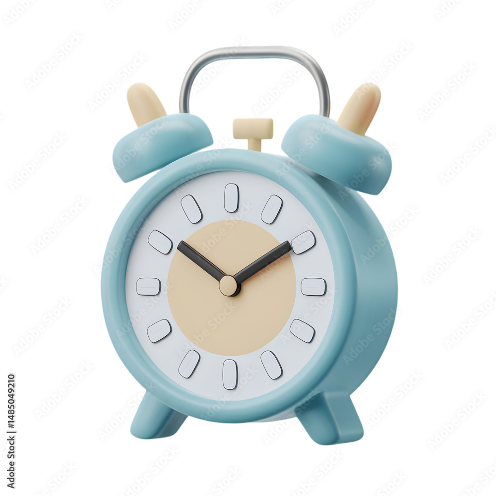 Poster light blue alarm clock, rendered in a minimalist style, showing a simple time design, perfect for a 