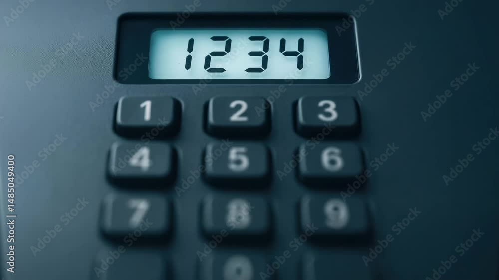 Poster close up of black calculator with digital display and keypad showing numbers 1234 used industrial po