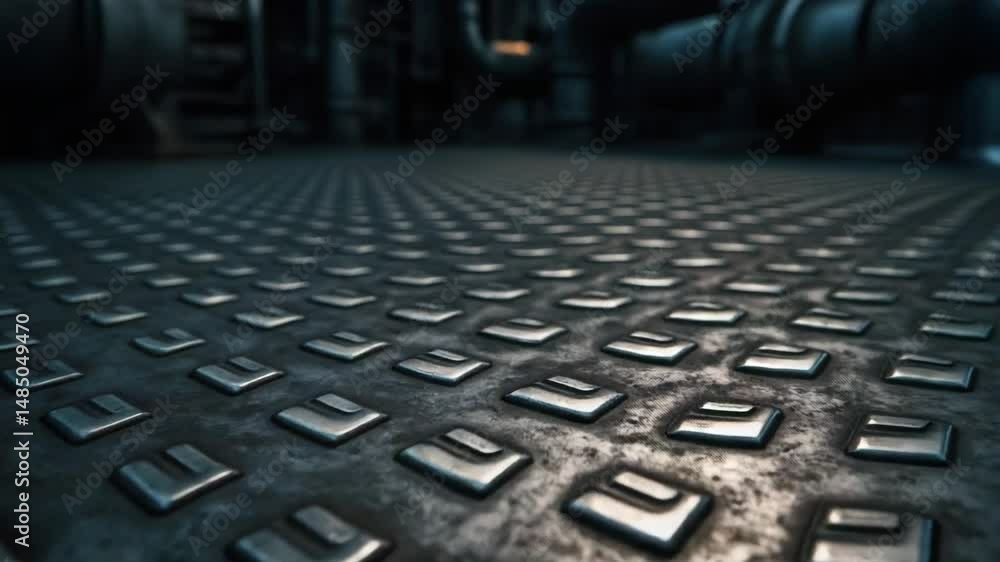 Poster close up of industrial metal floor with raised square steel patterns in power plant creating strong 