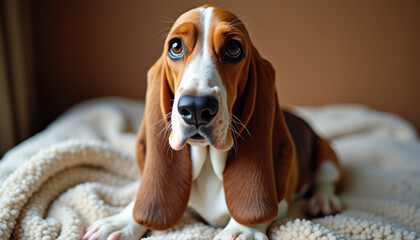 Basset hound dog looking curiously on soft blanket