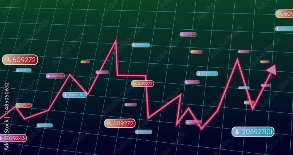 Poster red zigzag line chart moving across gradient grid, marking points with bright labels ending arrow
