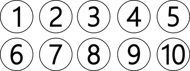 Set of 1 to 10 numbers. Typography set of rounds Numbers. Numeral typographic flat icons. Bullet point number collection isolated on transparent background. Simple design. Vector illustration.