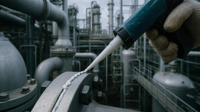 Sealing pipe flange with industrial adhesive for power plant maintenance ensuring safety and efficiency in complex metal piping system