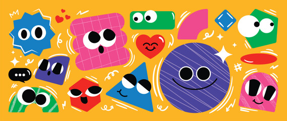 Fototapeta na wymiar Set of colorful funny shape element vector. Collection of cartoon characters, cute doodle dawn, geometric, speech bubble with fun eye. Design for decorative, sticker, toys and kids.