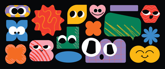 Set of speech bubble and funny shape element vector. Collection of cartoon characters, cute doodle dawn, geometric, organic shape with fun eye. Design for decorative, sticker, toys and kids.