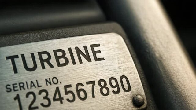 Turbine serial number plate metal tag on industrial power plant equipment with close up view of mechanical detail and power machinery parts