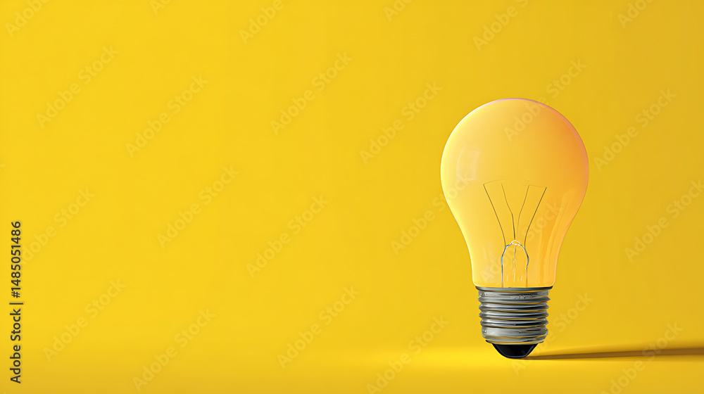 Poster lit lightbulb with visible filament standing on a bright yellow seamless background copy space, cast