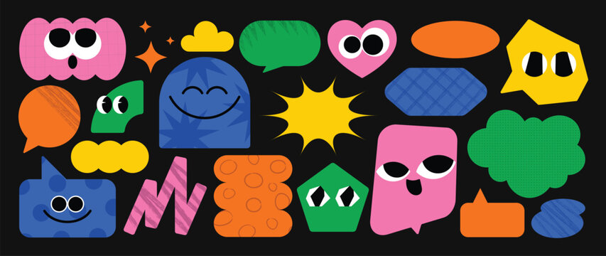 Naklejki Set of speech bubble and funny shape element vector. Collection of cartoon characters, cute doodle dawn, geometric, organic shape with fun eye. Design for decorative, sticker, toys and kids.