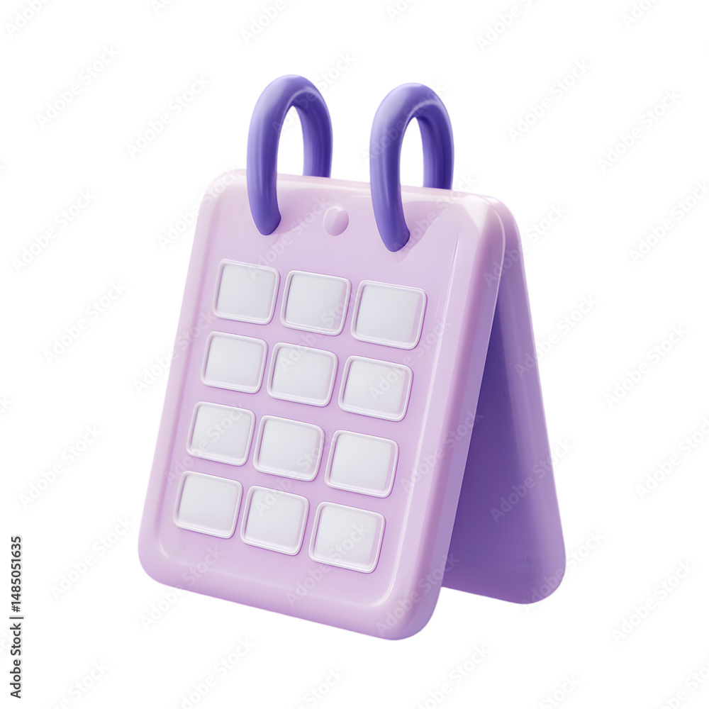 Poster 3d rendering of a pastel purple and pink calendar icon, featuring a flat, simple design. it displays