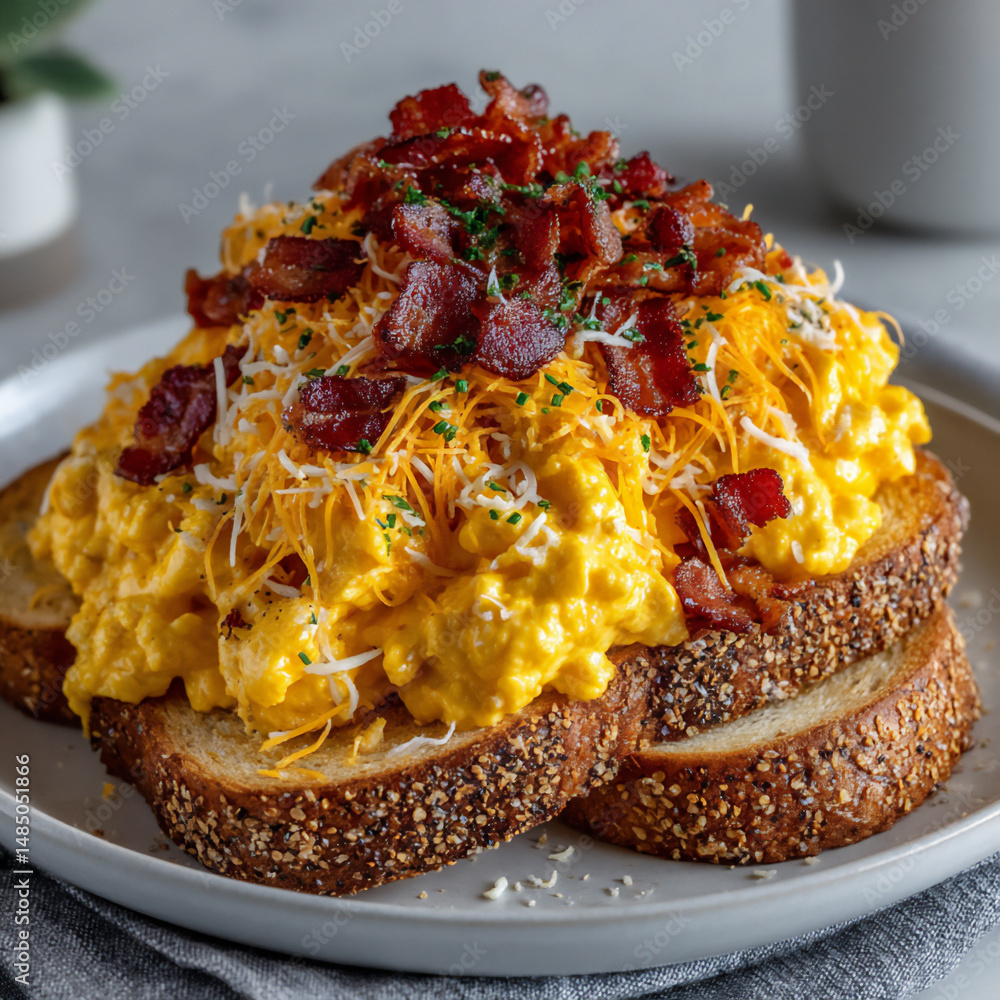 Poster close-up photograph of scrambled eggs on toast with crispy bacon bits and shredded cheddar cheese