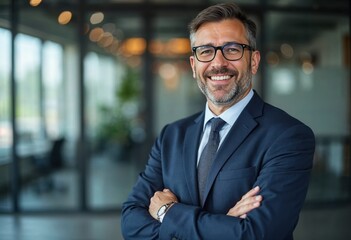 Confident Businessman in Suit and Glasses Standing with Arms Crossed