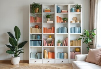 White Bookcase with Books and Decor in Bright Minimal Interior