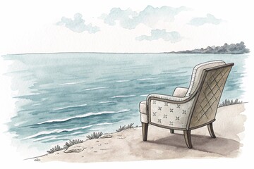 Armchair, sea, watercolor clipart illustration with isolated background.