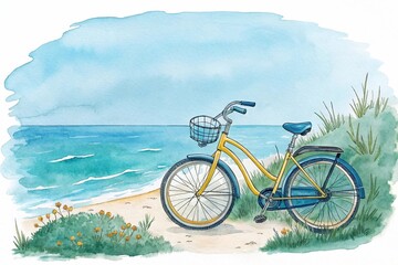 Fototapeta premium Bicycle, sea, watercolor clipart illustration with isolated background.