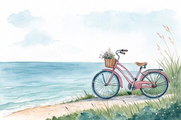 Obraz premium Bicycle, sea, watercolor clipart illustration with isolated background.
