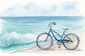 Fototapeta premium Bicycle, sea, watercolor clipart illustration with isolated background.