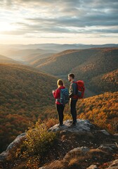 Obraz premium Golden Hour Hike: Couple's Autumn Mountaintop View