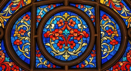 Ornate Gothic Stained Glass Panel Filled with Intricate Vibrant Floral Designs