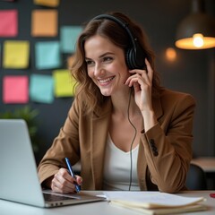 Happy Woman Working with Laptop and Headphones at Office Desk