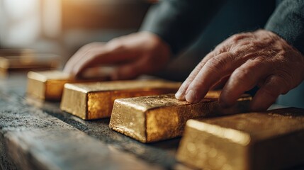 Person Placing Gold Bars into Tray - Wealth Concept