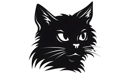 Silhouette Happy Cat Head Cute Animal Character - Stock Image