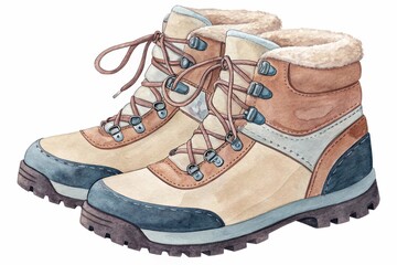 Camping boots winter watercolor clipart illustration with isolated background.