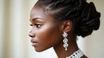 Radiant African Woman. Hairstyle, Diamond Earring, Jewelry Necklace Beauty