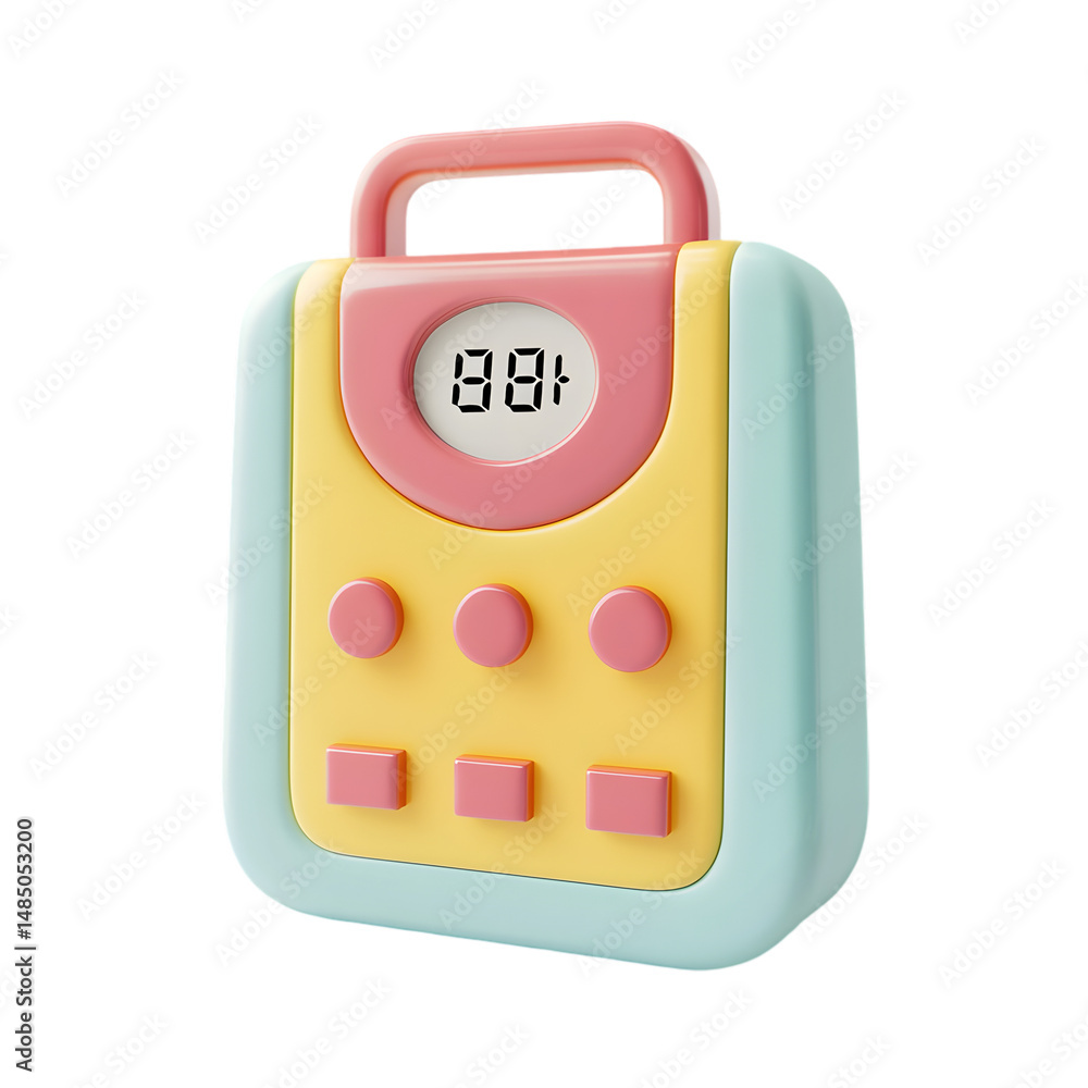 Poster small, square, pastel-colored digital timer with rounded edges and a handle. it features a digital d