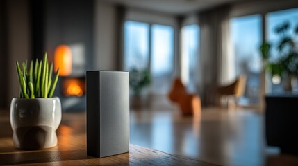 Modern minimalist living room interior with a sleek grey box on wooden table