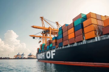 Fototapeta premium Large container ship docked at a busy port with cranes, loaded with cargo containers, illustrating global shipping logistics and international trade.