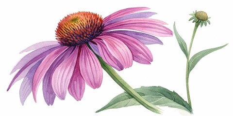 Fototapeta premium Echinacea, watercolor clipart illustration with isolated background.