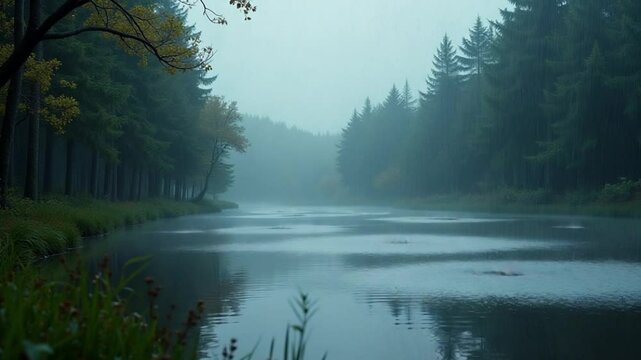 Small little forest lake in the rain
