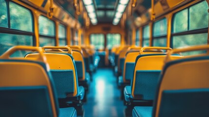 Empty Yellow Bus Interior View. Commute on City Public Transport Yellow Seating