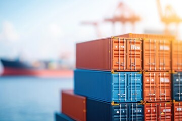 Fototapeta premium Colorful Shipping Containers Stacked in Port Area under Clear Blue Sky with Cranes in Background for Global Trade and Logistics Visuals