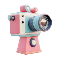Three-dimensional, pink and light blue camera with pastel colors and geometric shapes.  It is a fun and playful design.