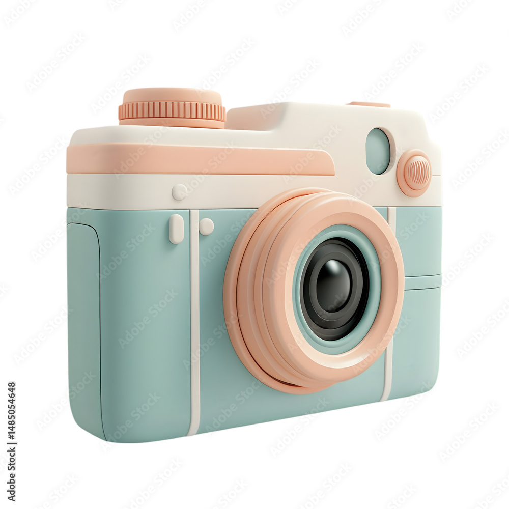Poster light-colored, child-friendly camera, rendered in a 3-dimensional design, presented in a soft pastel