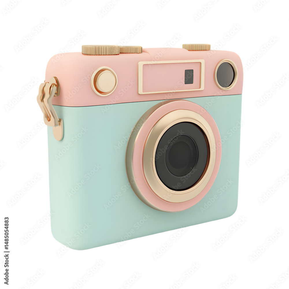 Poster three-dimensional graphic rendering of a pastel-colored retro camera. the design is simple and eye-c