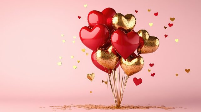 Luxurious red and golden heart balloons floating with confetti on a soft pink backdrop - Powered by Adobe