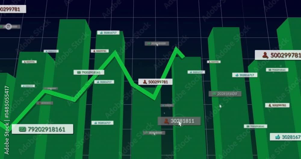Poster 3d bar and line chart animating over deep navy grid, featuring green columns with floating labels