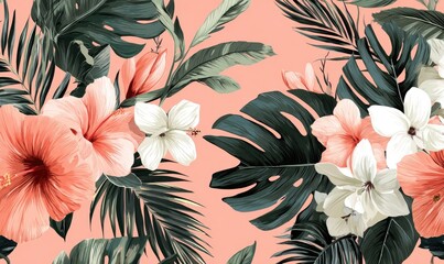 Tropical floral pattern with vibrant hibiscus and lush foliage