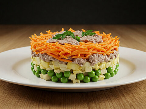 Mimoza Salad is a layered salad known for its resemblance to a blooming mimosa flower.
