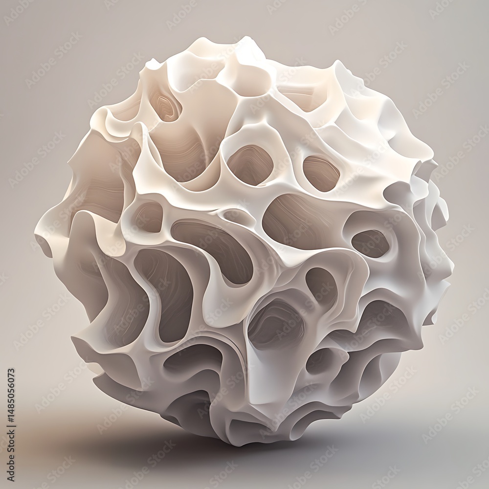 Poster abstract white sphere with curvy shapes and openings on a soft gray background