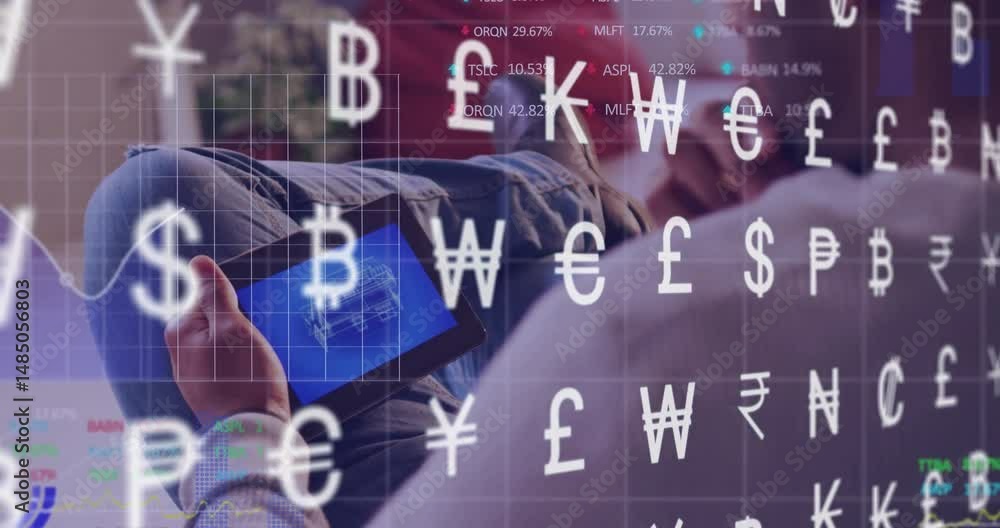 Poster man reclining on sofa holding tablet plan while finance currency symbols and grid overlay animating